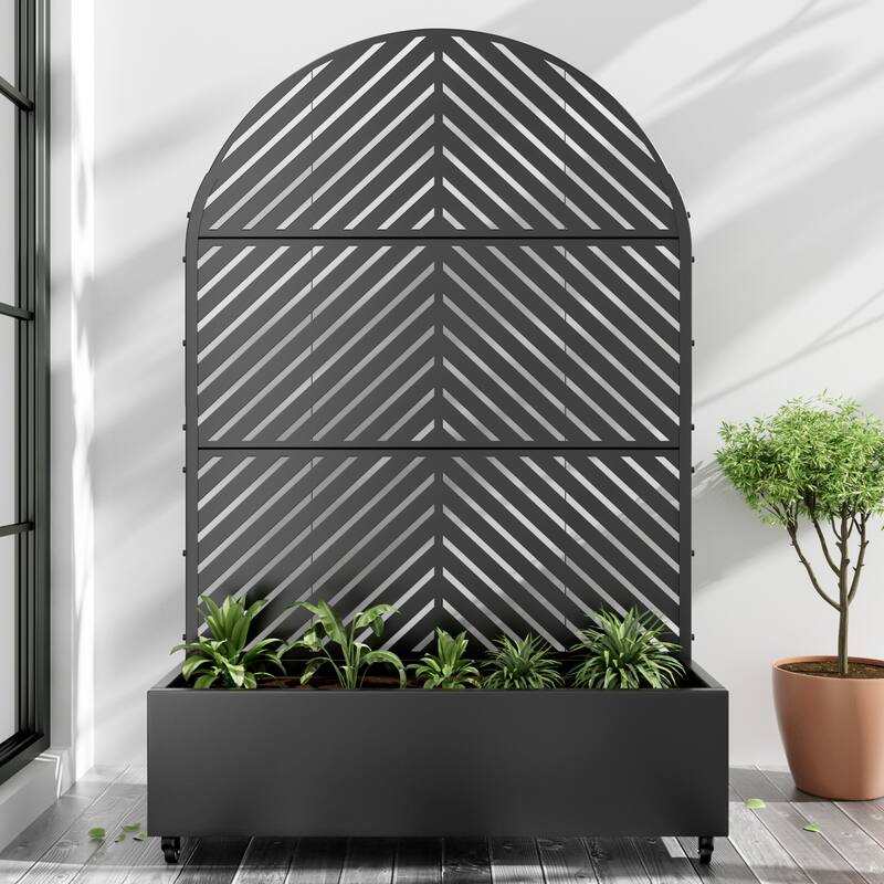 Metal Movable Planter Box with Trellis Privacy Screen Planter Box with Lockable Wheels - Black4