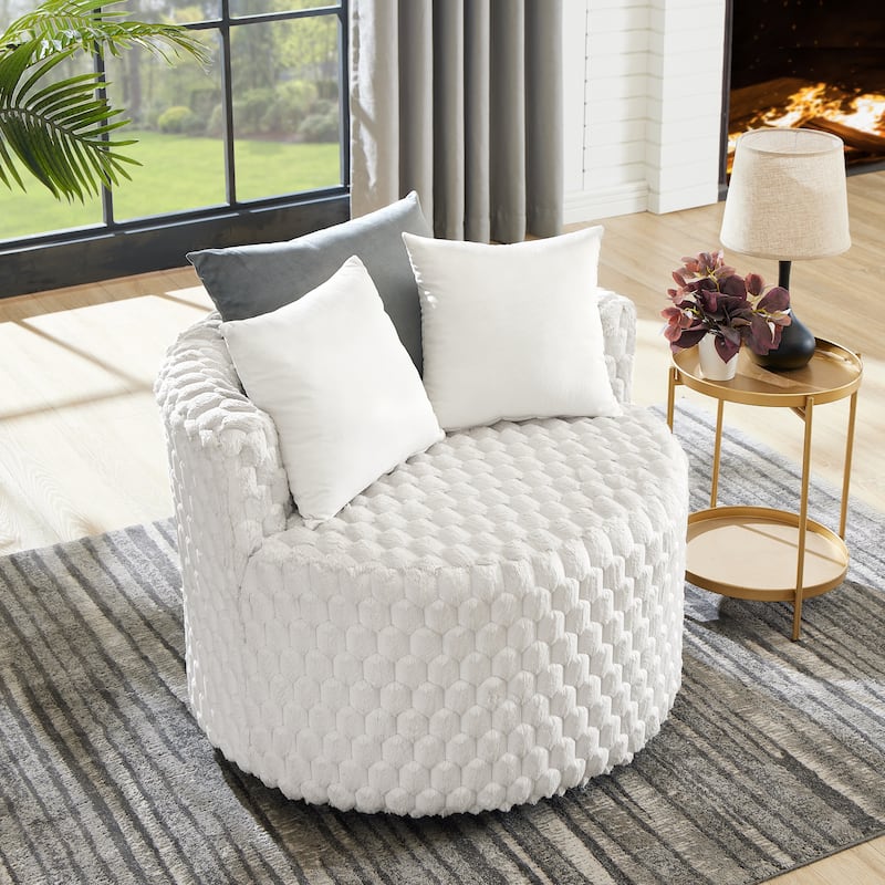 Roundhill Furniture Malna Plush 3D Upholstered Barrel Accent Chair with Wheels, Off-white