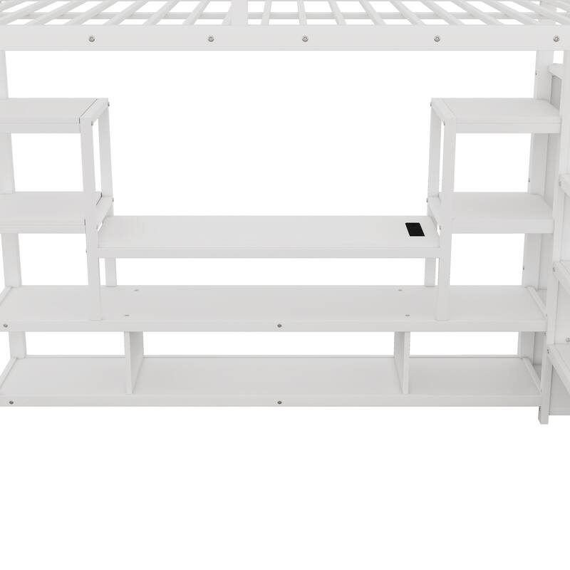Full Size High Metal Loft Bed Frame with Entertainment TV Stand, Shelves, LED Light Strip, Charging Station, Staircase Wardrobe