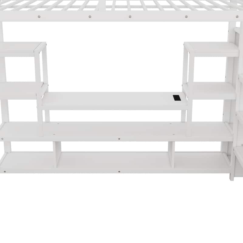 Full Size Loft Bed with TV Cabinet, Heavy Duty Metal Loft Bed Frame, Kids Iron Loftbed Frame with Wardrobe and Charging Station