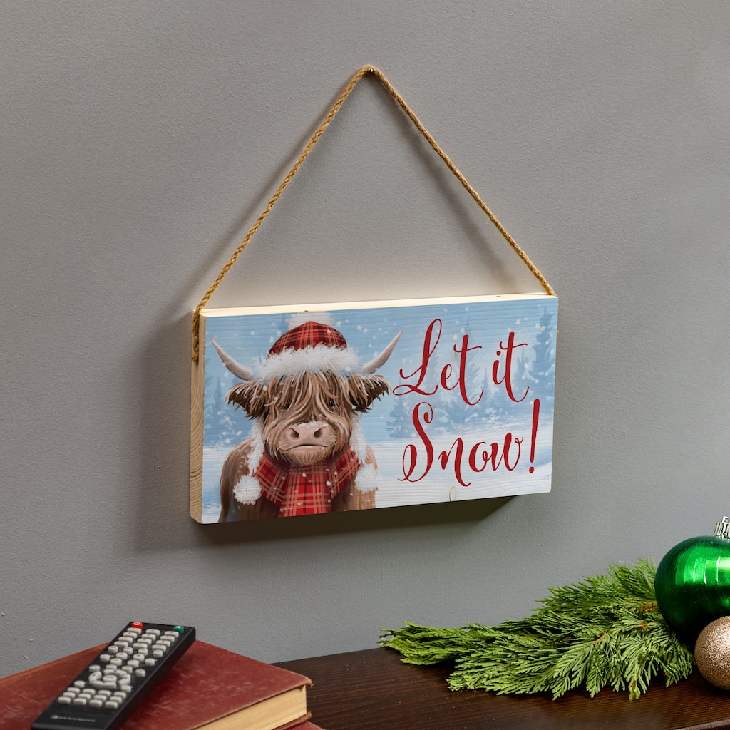Holiday Highland Cow Hanging Wall Sign - 11"x6"