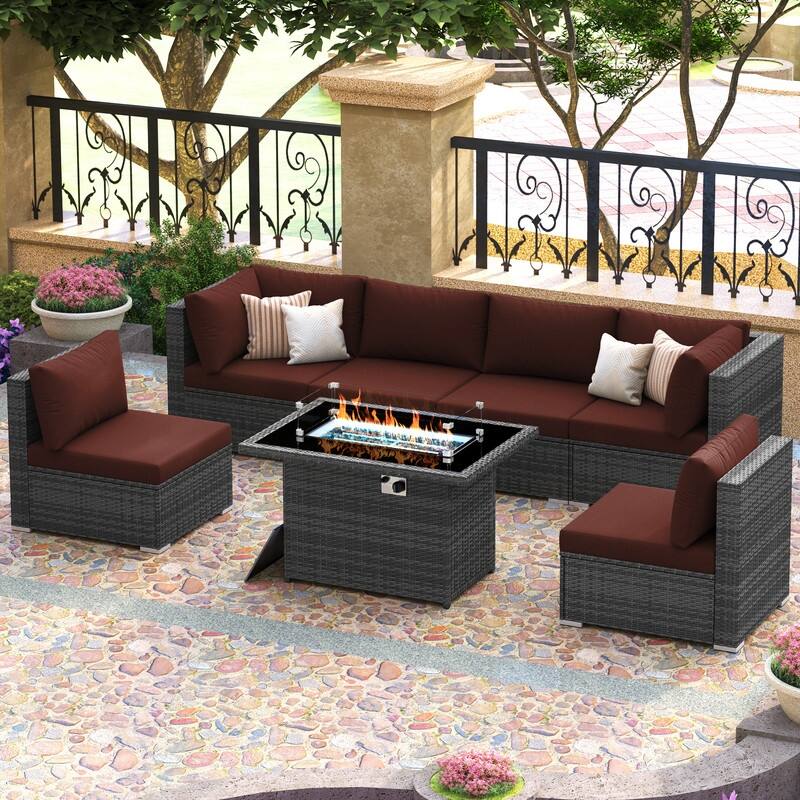 FINCATI Outdoor 7-piece High-back Wicker Patio Sectional Set with 43'' Fire Pit Table, 500 lbs Luxury Oversized Conversation Set - Burgundy