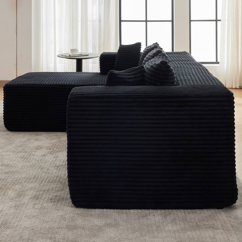 Floor Standing Modular Deep Seat Couch Corduroy L-shaped Sectional Sofa with Chaise Lounge, Pillows and Square Arms