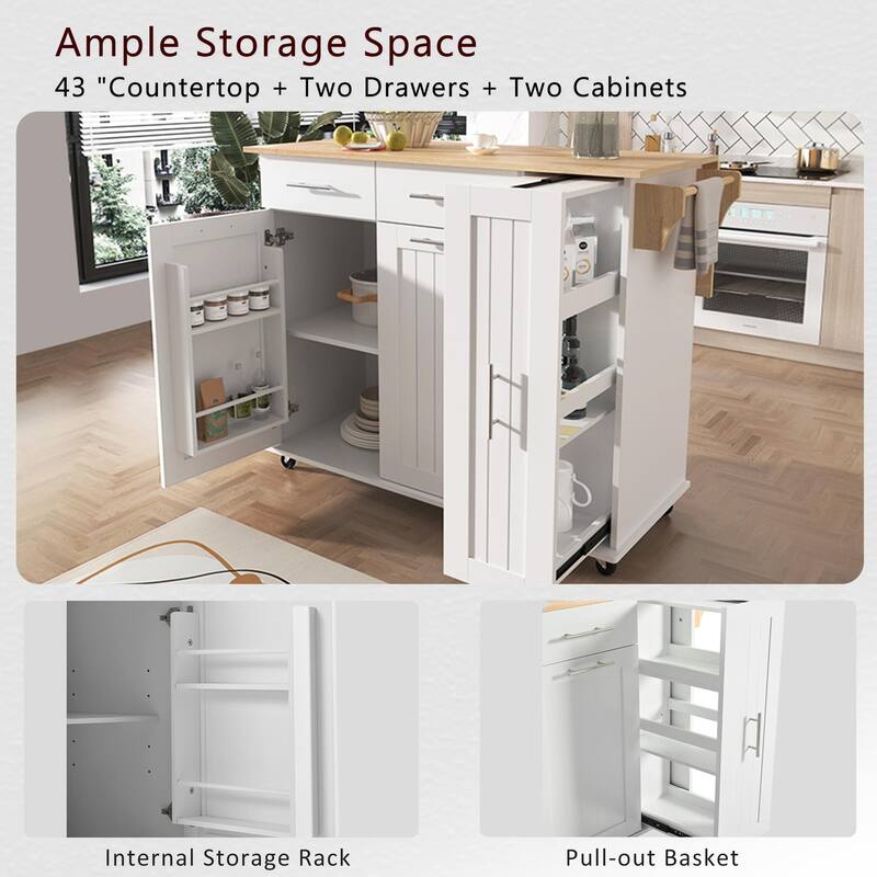 Modern Kitchen Cart with Drop Leaf, 3-Tier Pull-Out Cabinet,Adjustable Shelves,Rolling Island with Towel Rack & Storage Drawers
