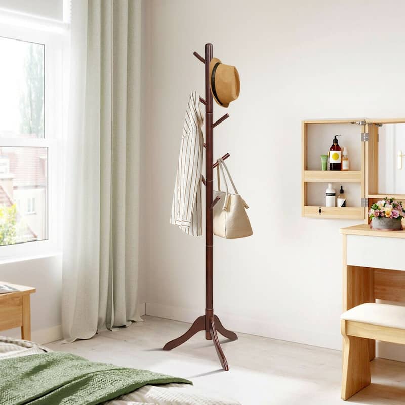 8 Hook Adjustable Wooden Tree Coat Rack for Home Office Hall - 19.5" x 19.5" x 54.5"/ 69"