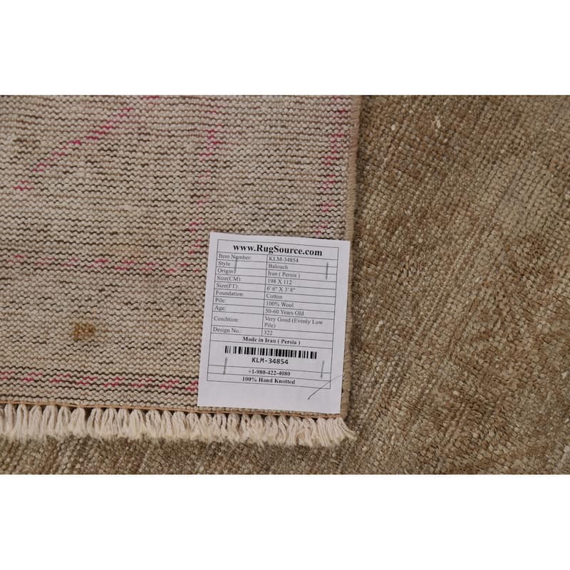 Gold Beige Geometric Balouch Persian Area Rug Handmade Wool Carpet - 3'8" x 6'6"