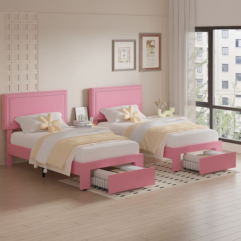 VECELO Set of 2 Twin Beds with Rolling Underbed Drawer Height Adjustable Headboard Rivet-Trimmed Headboard Twin Beds