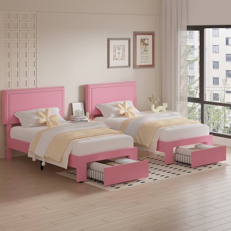 VECELO Upholstered Storage Bed Frames with 4 Storage Drawers, Platform Bed Frame with Adjustable Velvet Rivets Headboard