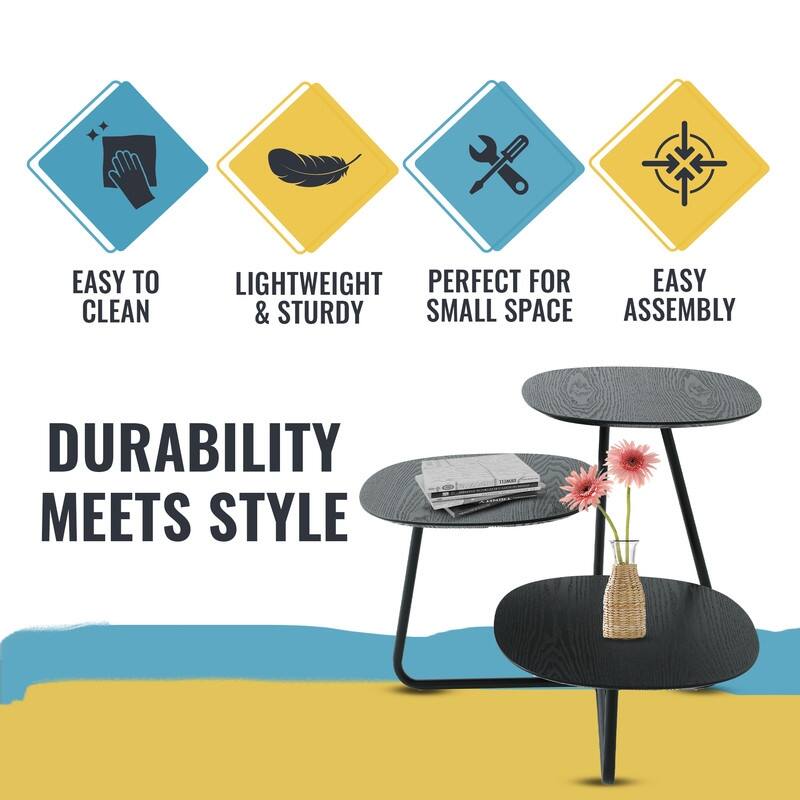 Hazelton Modern Multi Shelves MDF Wood Laminated Top Side Table with Stainless Steel Frame Accent End Tables for Home Decor