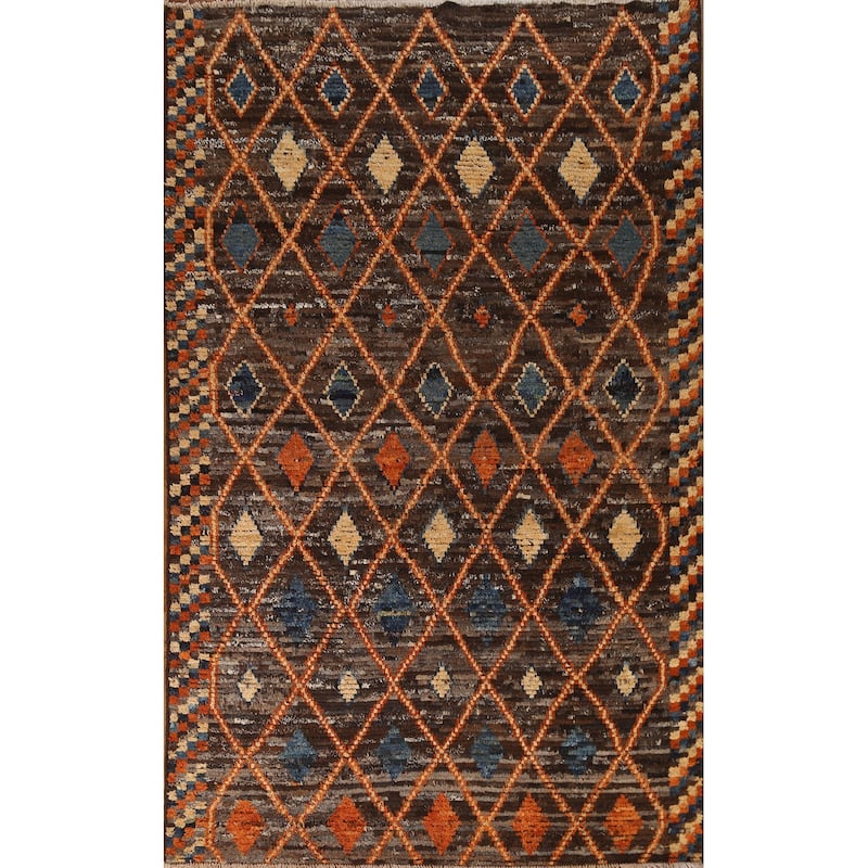 Hand Knotted Oriental 100% Wool Carpet Modern Tribal Brown Moroccan Area Rug - 9' 9'' X 6' 9''