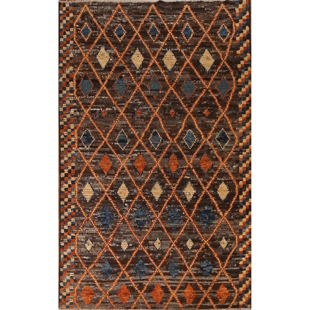 Hand Knotted Oriental 100% Wool Carpet Modern Tribal Brown Moroccan Area Rug - 9' 9'' X 6' 9''