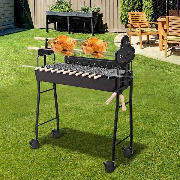 Outsunny Portable Rotisserie Charcoal BBQ Grill w/ Skewers and Wheels