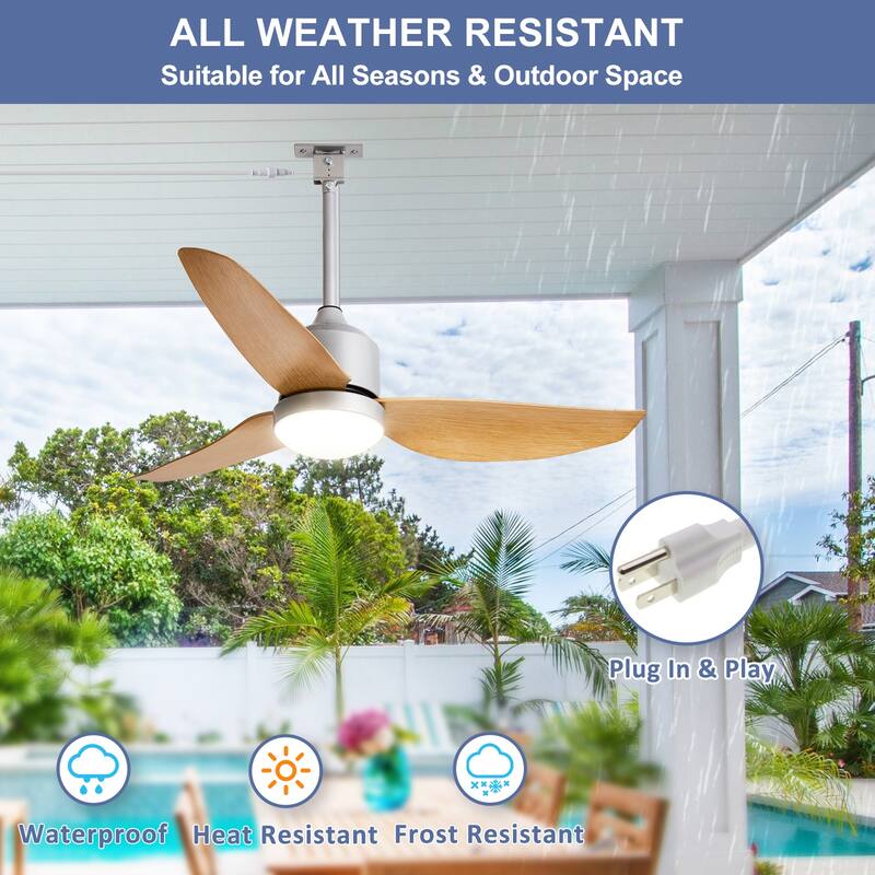 Outdoor Ceiling Fan with Light: 42-52 Inch Hanging - Plug in Waterproof Fans for Patio - Dimmable Remote App Control Black