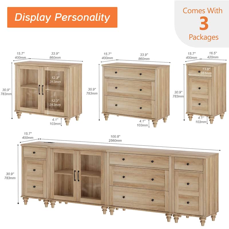 Farmhouse TV Stand with Glass Door, Oak