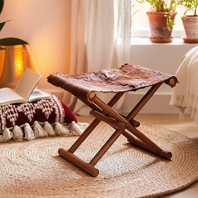 Foldable Backless Cowhide Storage Stool with Solid Wood Frame