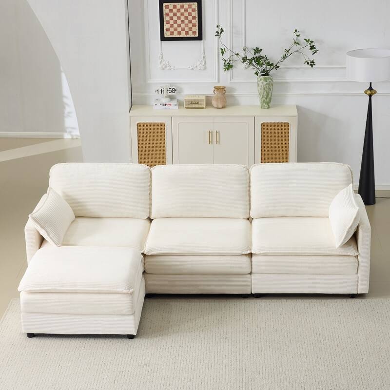104" Modular 3 Seater Sofa with Ottoman,Beige Chenille Cushions and 2 Throw Pillows - Beige - Left Facing