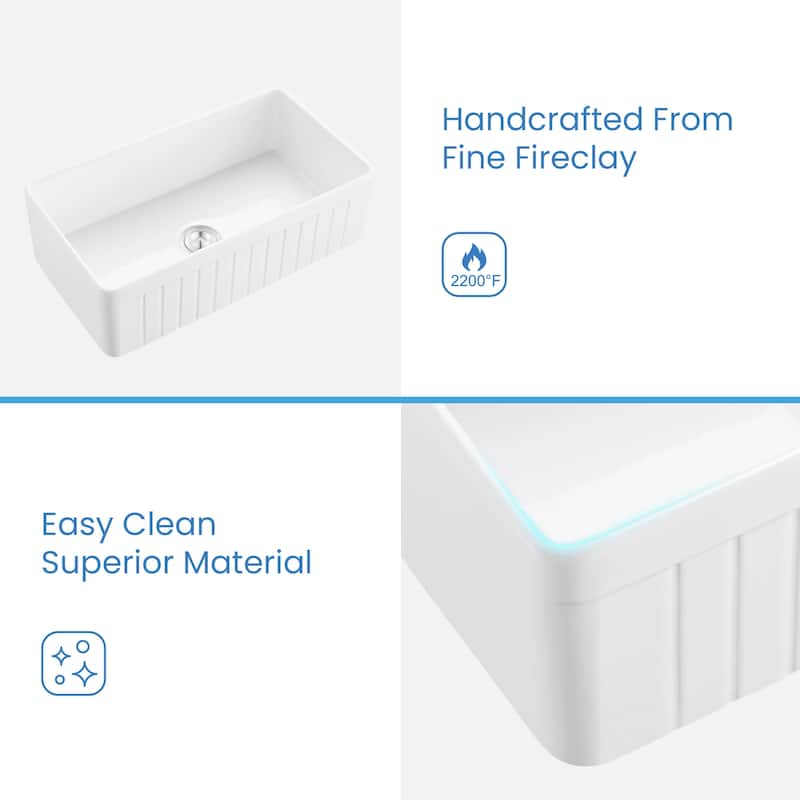 33" White Fireclay Farmhouse Undermount Kitchen Sink with Bottom Grid and Strainer