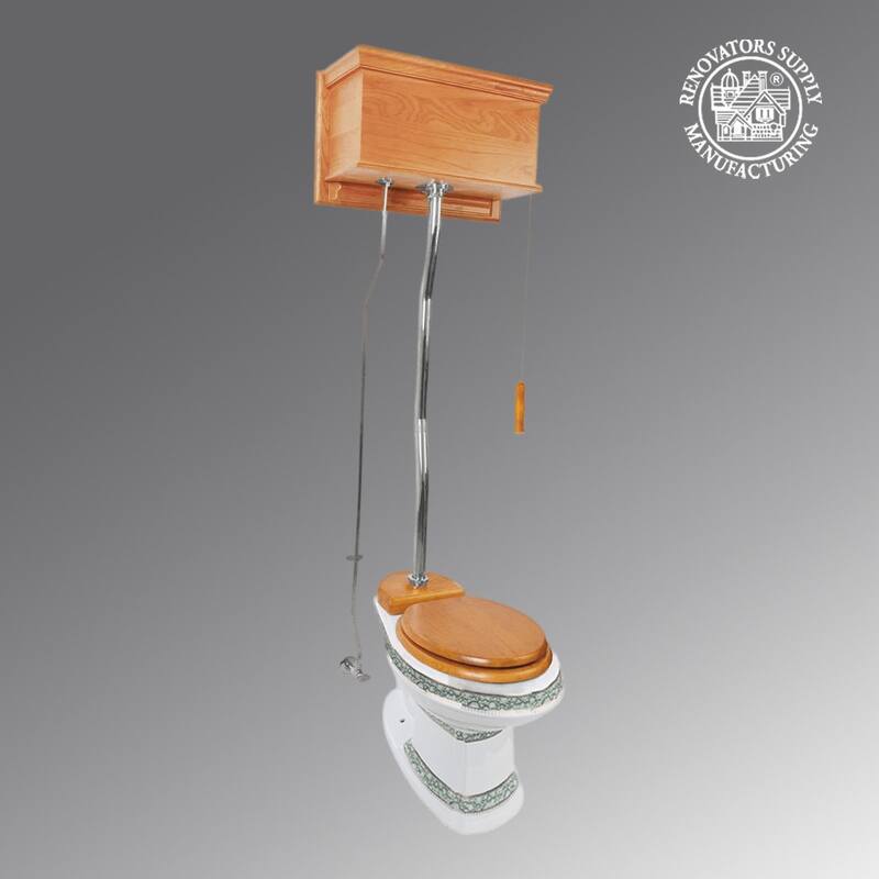 Light Oak Wooden High Tank Toilet Flat Tank, White Elongated Bowl Green Accent and Chrome Z Pipe