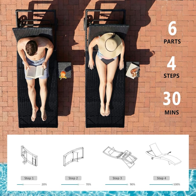 80"Patio Chaise Lounge Chairs Set of 2, Rattan Reclining Chair w/Rolling Wheels & Pull-out Side Table, Adjustable Backrest