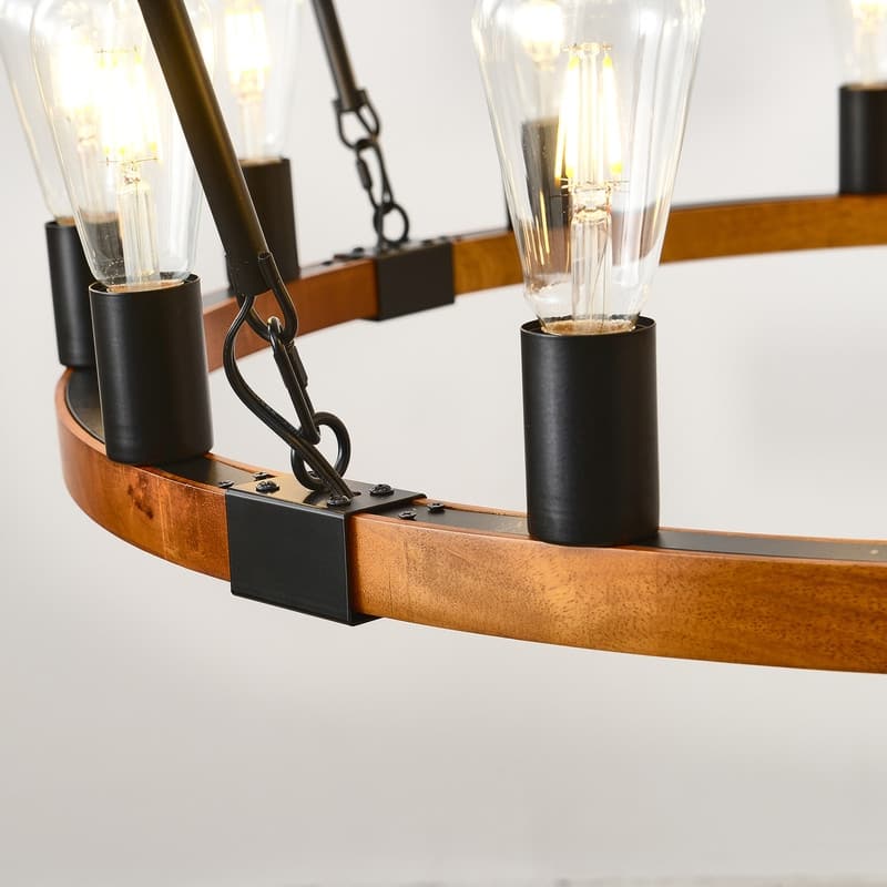 Farmhouse Wagon Wheel Chandelier - Rustic Wood & Metal Adjustable Pendant Light for Dining Rooms, Kitchens & Entryways