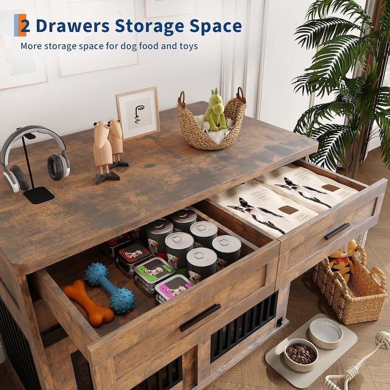 Dog Crate Furniture with Barn Door, Indoor Kennel Table with Storage - N/A