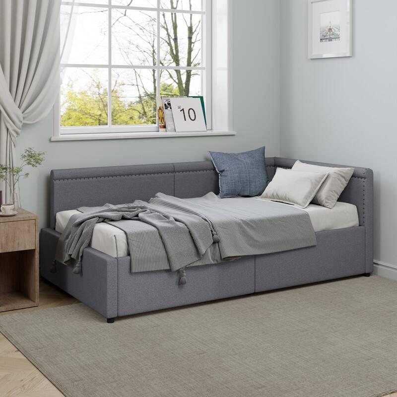 Modern Style Twin Size L Shape Corner Bed, Linen Upholstered Daybed with Two Storage Drawers