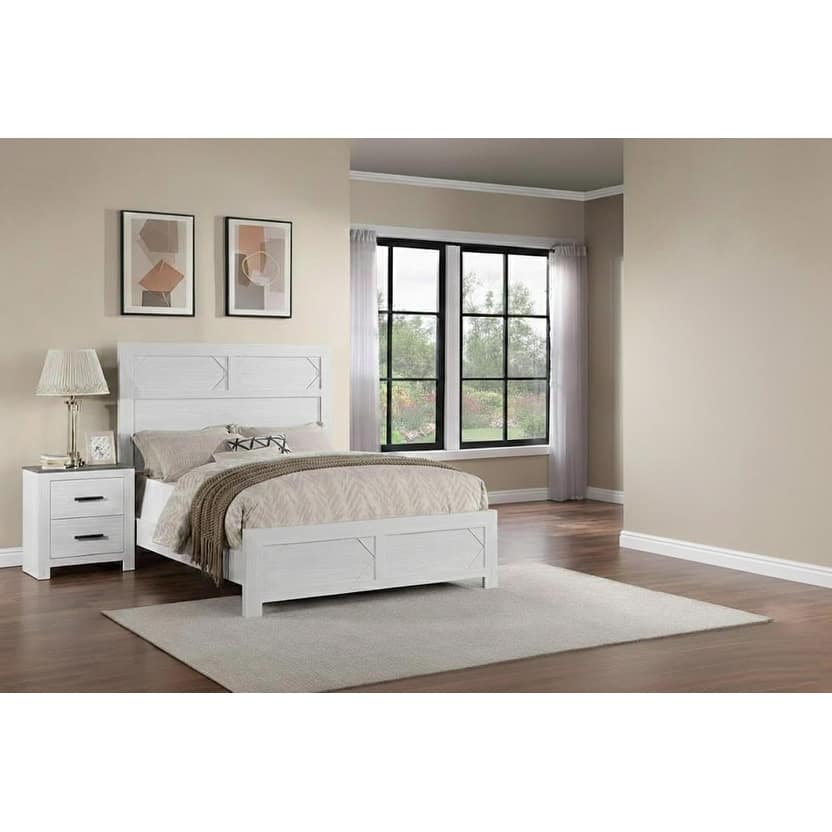 Modern Style 3pc Bed 2x Nightstand Set Sleek Handles Wooden Bed White Finish Bedroom Furniture