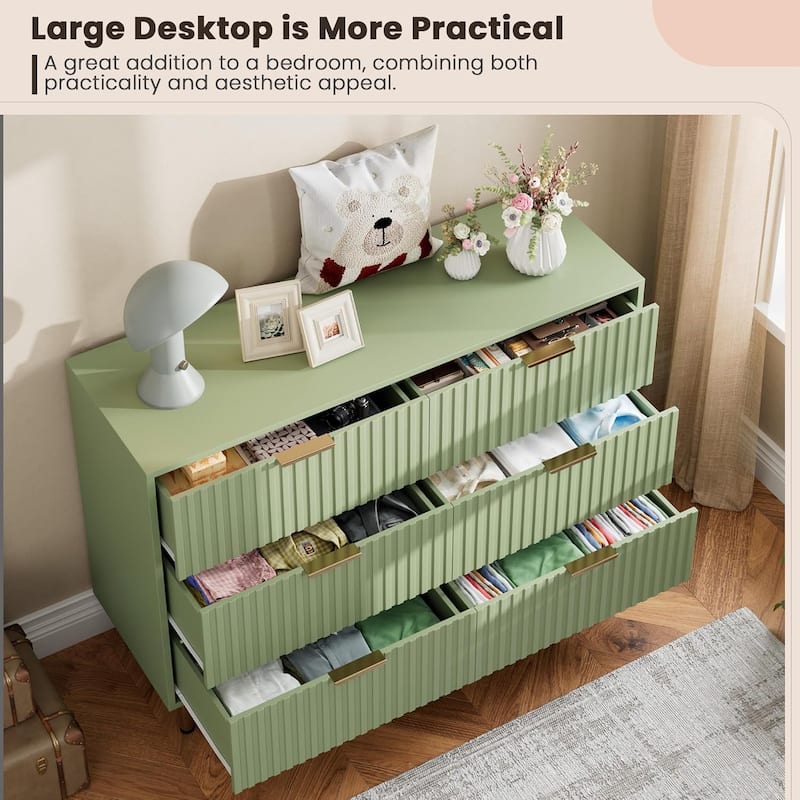 Fluted 6 Drawer Dresser, Modern Wide Chest with Deep Drawers, Wooden Storage Organizer for Living Room, Hallway