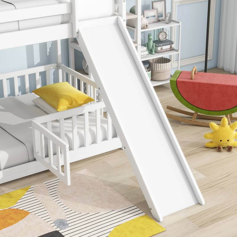 Twin Over Twin Low Pine Wood Bunk Bed with Guardrails, Slide and Ladder for Kids, No Slats Toddler Floor Bed with Fence and Door