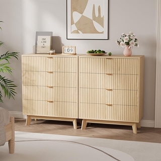 4 Drawer Dresser Set of 2, Mid Century Modern Dresser Drawers, Waveform Fluted Side Table