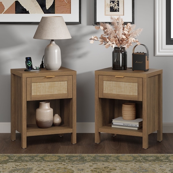 SICOTAS Farmhouse Set of 2 Nightstand with Charging Station and
