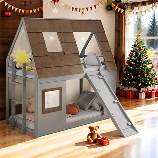 Kid Bed Frame Twin Size Wood House Bunk Bed with Ladder and Climbing Ramp