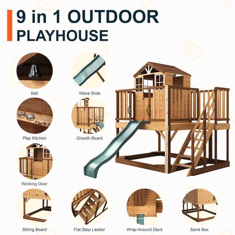 9-in-1 Wooden Playhouse with Slide & Sandbox