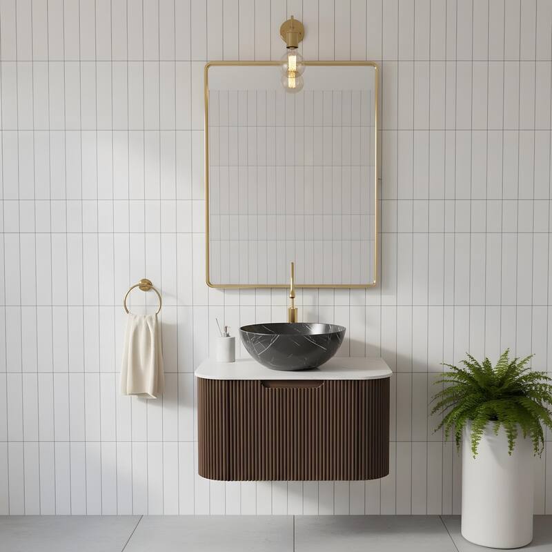 Wall Mounted Bathroom Vanity with Black Bowl Ceramic Basin - 24 - Dark Walnut