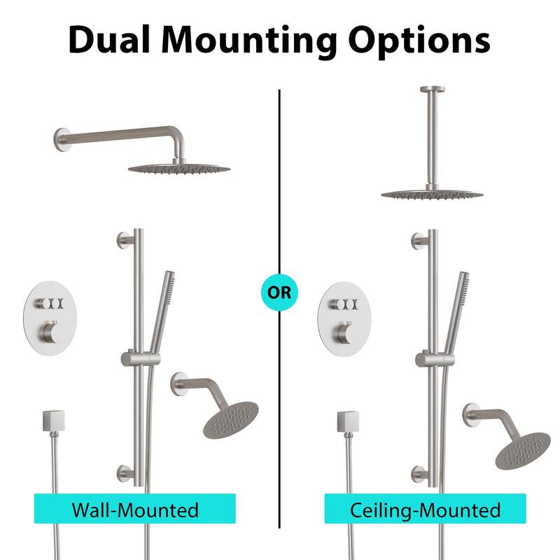 Ceiling/Wall Mount Multifunction Dual Shower System 10 in. 3-Function Round Shower Head With Hand Shower