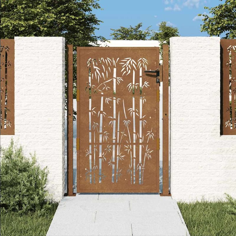 vidaXL Garden Gate Decorative Door Outdoor Fence Corten Steel Bamboo Design - 43.3 x 51.2"