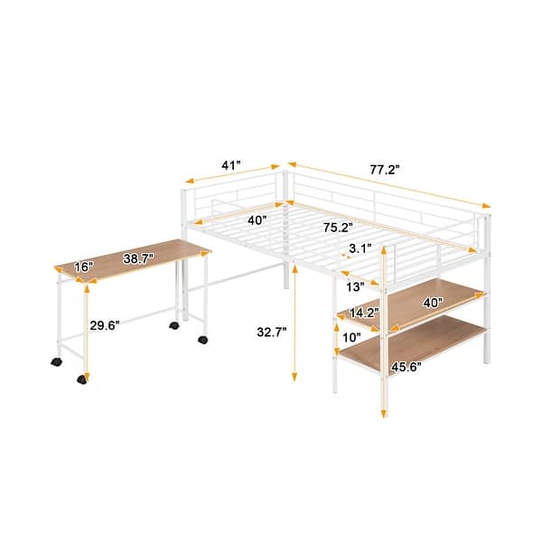 dimension image slide 1 of 2, Metal Twin Loft Bed with Movable Table & Storage Racks