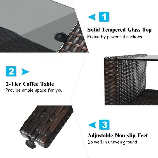 4 pcs Patio Furniture Set with Glass Top Coffee Table - 42.5" x 24.4" x 31.5" (L x W x H)