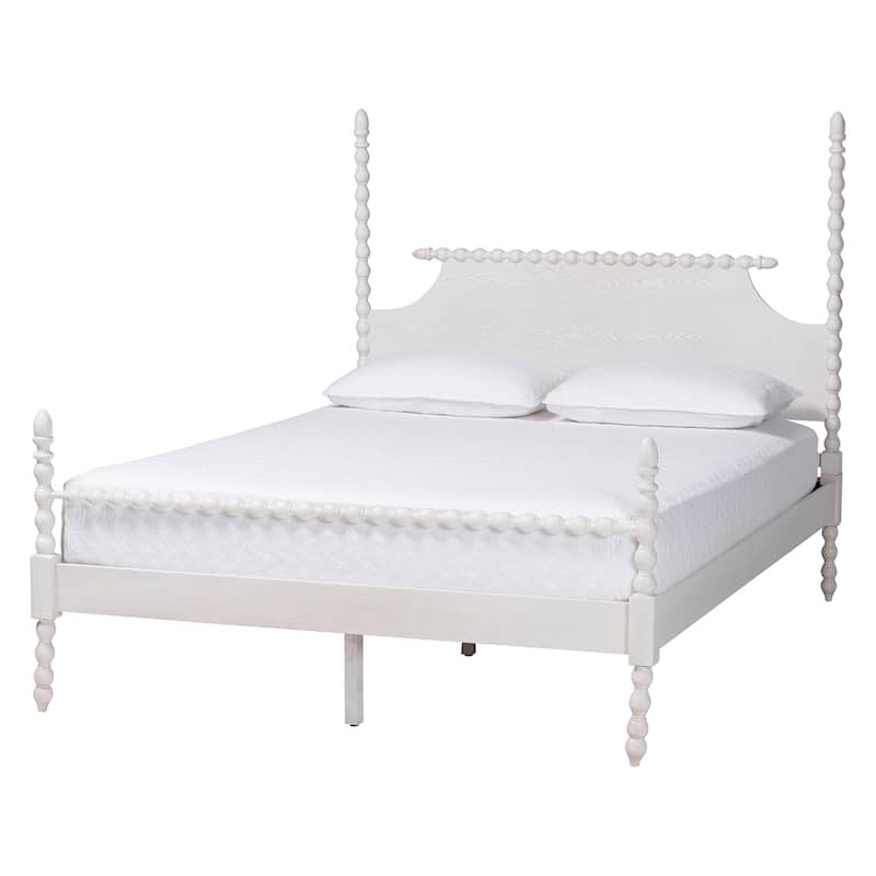 Caliana Bobbin Four-Poster Platform Bed - Wooden Bed Frame with Turned Spindle Posts and Panel Headboard, Vintage-Inspired Style - White - Queen
