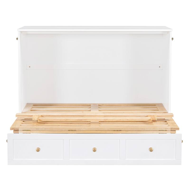 Full Size Murphy Bed Hidden Cabinet Bed with Drawer Underneath and Rattan Patterned, Clever Space Utilization Classic White