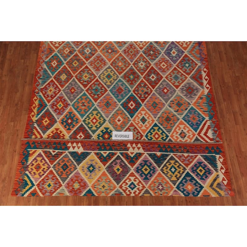 Geometric Kilim Oriental Area Rug Tribal Hand-Woven Wool Carpet - 8'0"x 11'2"