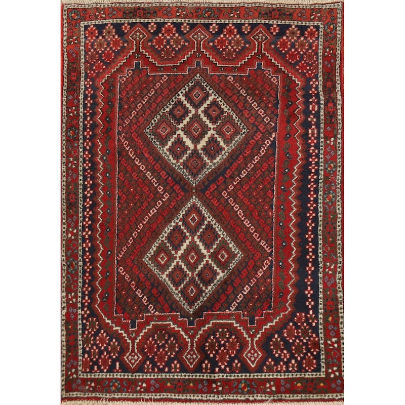 Hand Knotted Oriental 100% Wool Carpet Traditional Geometric Red Sirjan Area Rug - 4' 8'' X 3' 3''