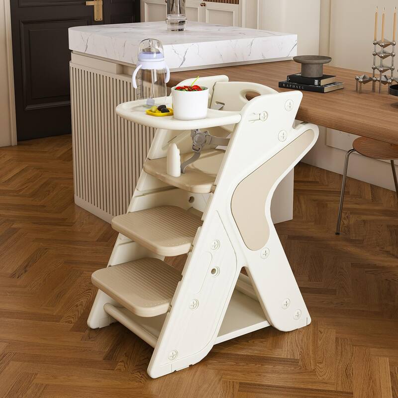 Multi Functional Growing Up Dining Chair,Adjustable Height Toddler Tower,Five-Point Seat Belts And A Movable Large Dinner Plate - White+ Charcoal