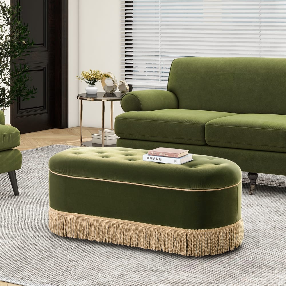 Melinda 48.5" Upholstered Tufted Oval Storage Bench with Bullion Fringe