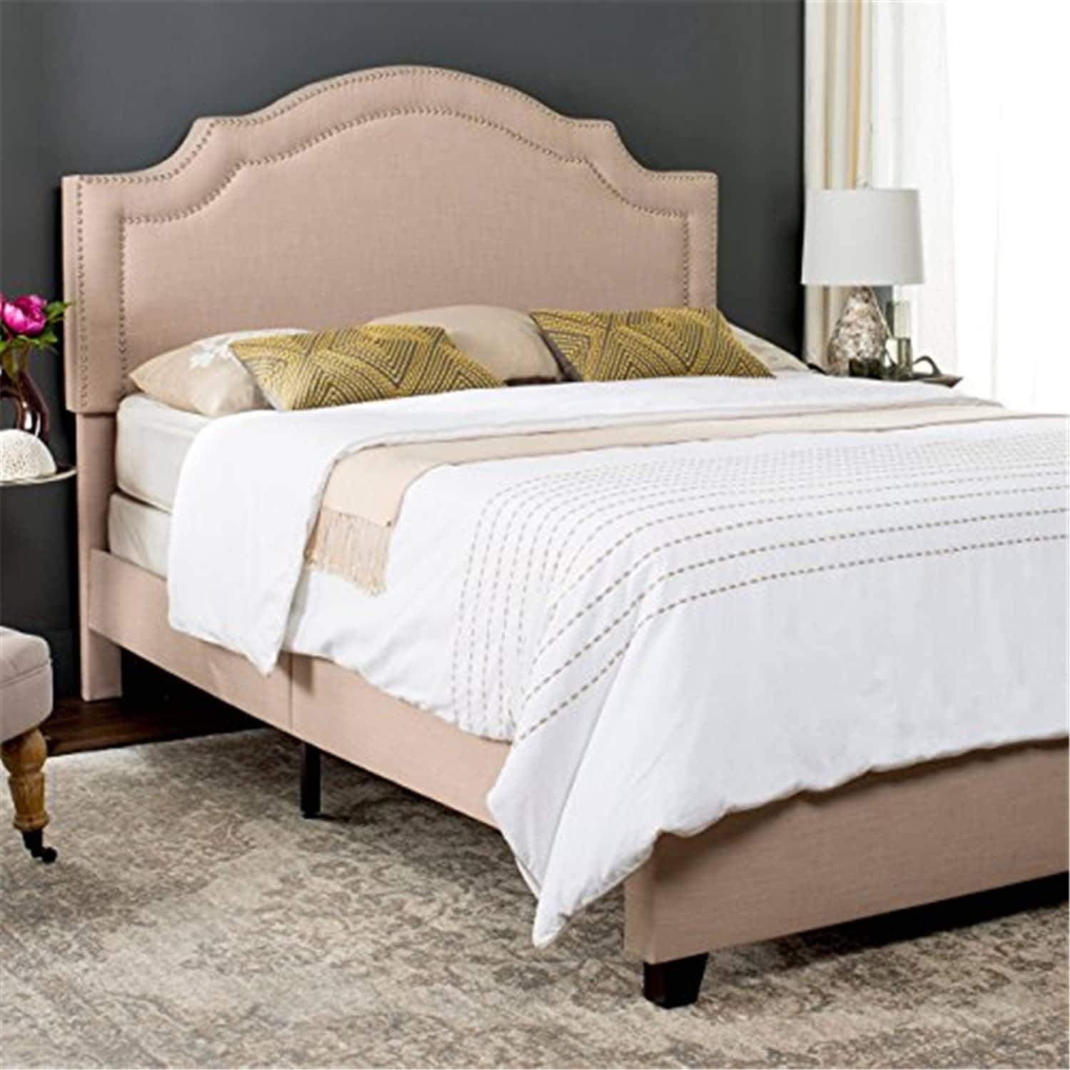 Full Size Bed with Nailhead Trim - Luxury Bedroom Bed Frame, Light Beige, Espresso Legs, 63x35x8 Inches