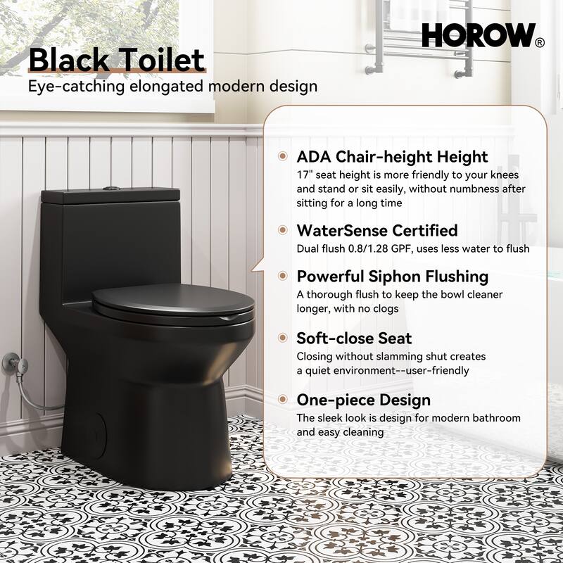 HOROW One Piece 0.8/1.28 GPF Dual Flush Elongated Black Toilet with Soft Close Seat - N/A
