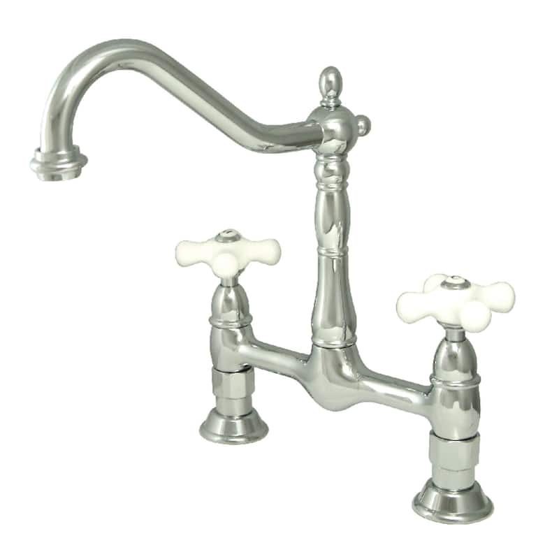 Kingston Brass Heritage Bridge Kitchen Faucet with Porcelain Cross - Polished Chrome