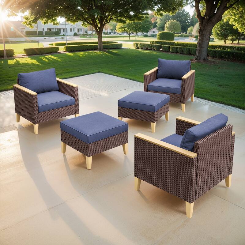 5 Pieces Wicker Patio Chair with Ottoman Set - Blue - Brown