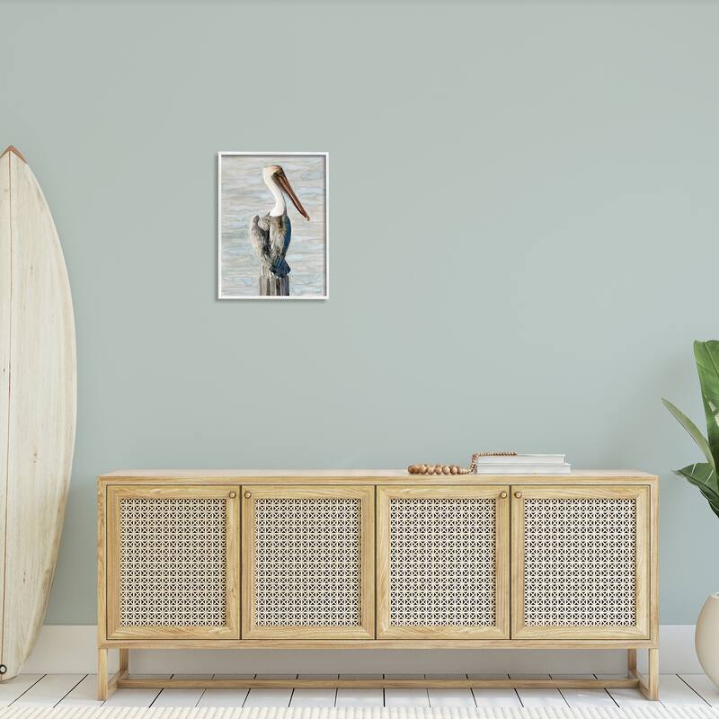 Stupell Long Beak Pelican Watercolor Painting Coastal Waterfowl Bird Framed Wall Art - Blue