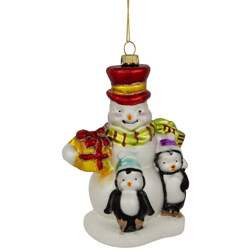 5.5" Snowman with Penguins Hanging Glass Christmas Ornament